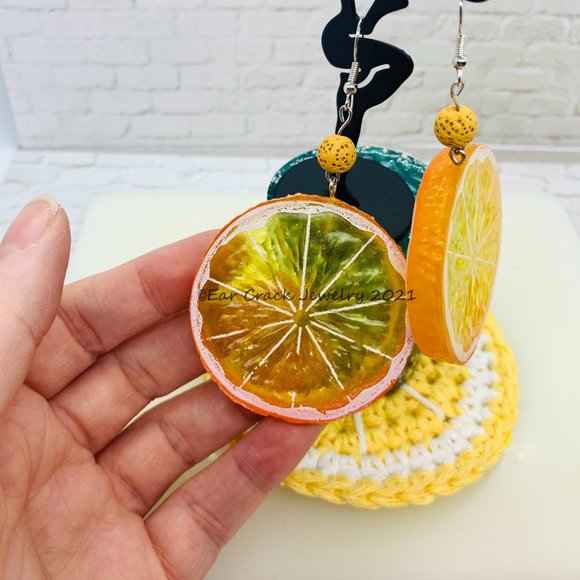 Hand Crafted- Resin Orange Dangle Earrings - Picture 6 of 7